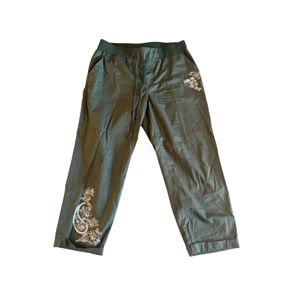 Palm Rio Womens Olive Green Floral Embroidered Cropped Jogger Pants Size S